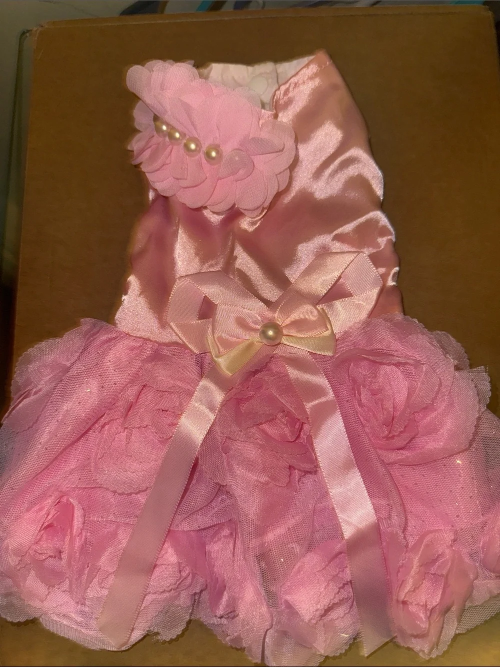 Puppy Pink Satin & Tulle Flower Dress with Pearl Accents